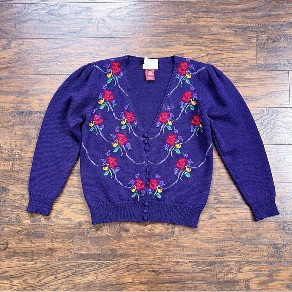 Vintage Sweaters - vintage • 80s intarsia floral cardigan sweater purple wool Susan Bristol